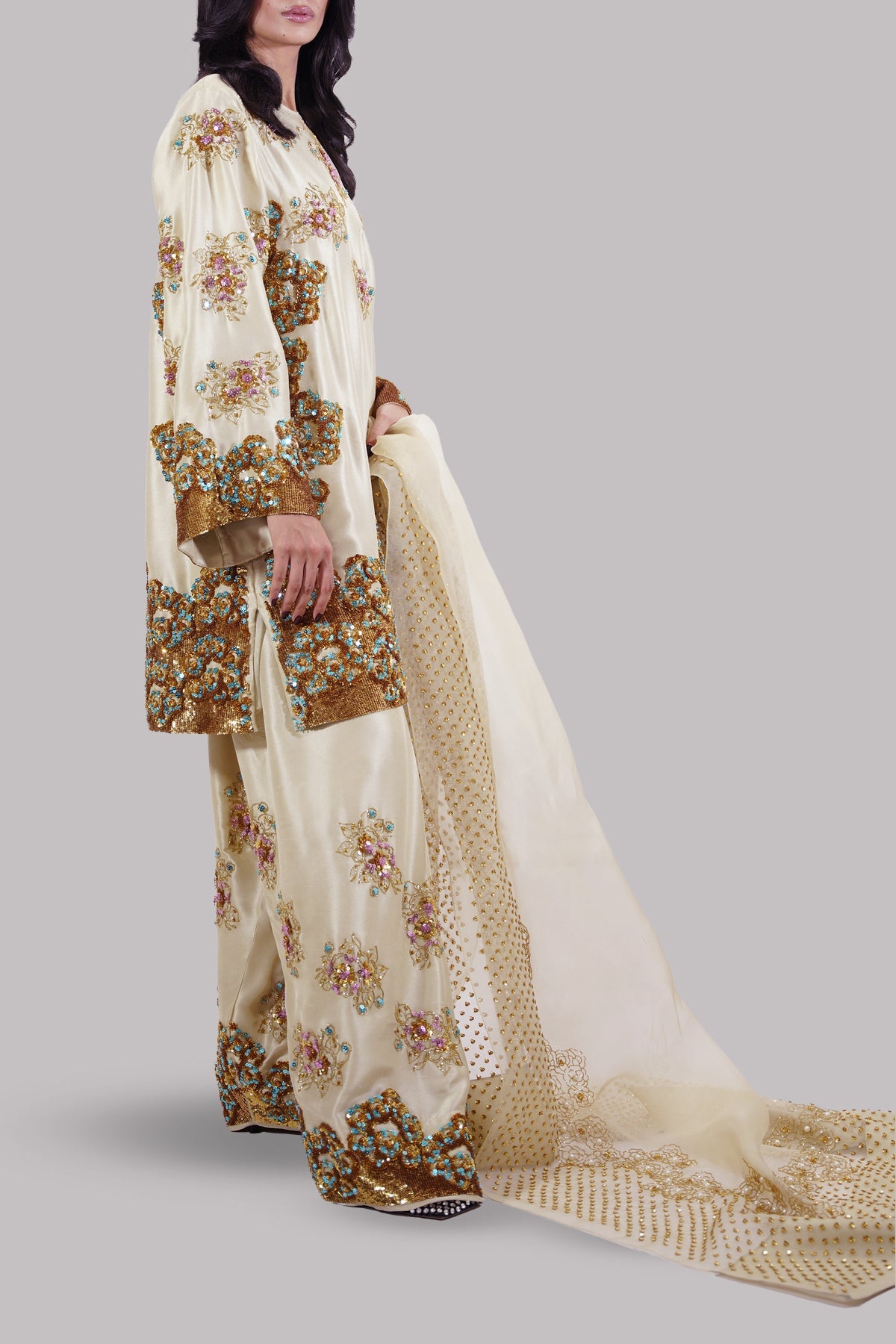 Muse Lambs Crème Embellished Raw Silk Addawork Hand Embellished Wedding Collection - Beige