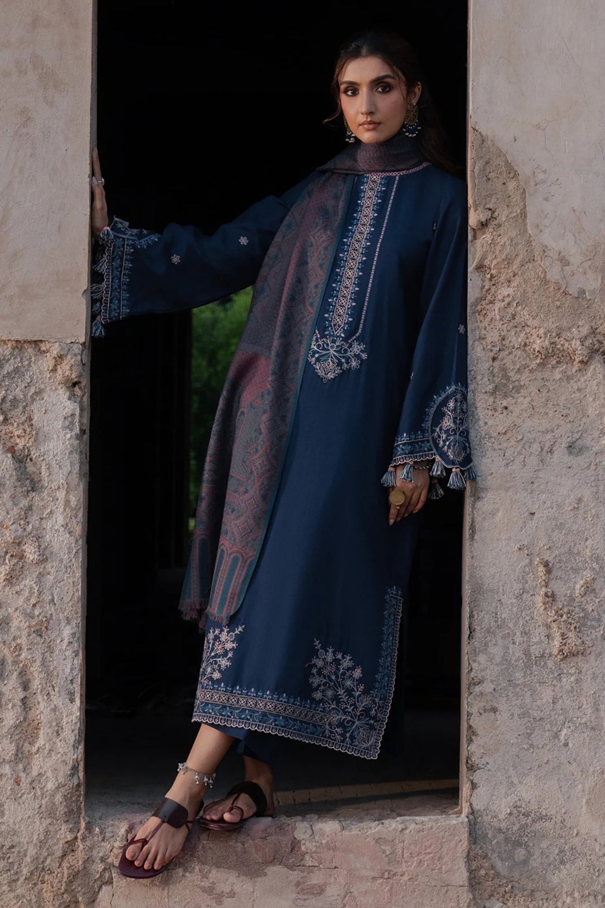 Izel - 3PC Unstitched Dhanak Embroidered Shirt with Digital Printed Twill Pashmina Dupatta and Trouser