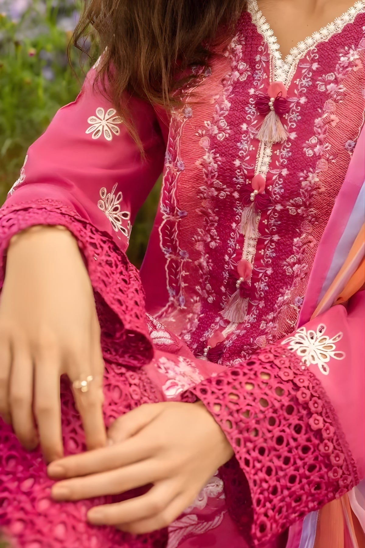 Mushq - 3PC Lawn Embroidered Shirt with Printed Silk Dupatta (Unstitched)
