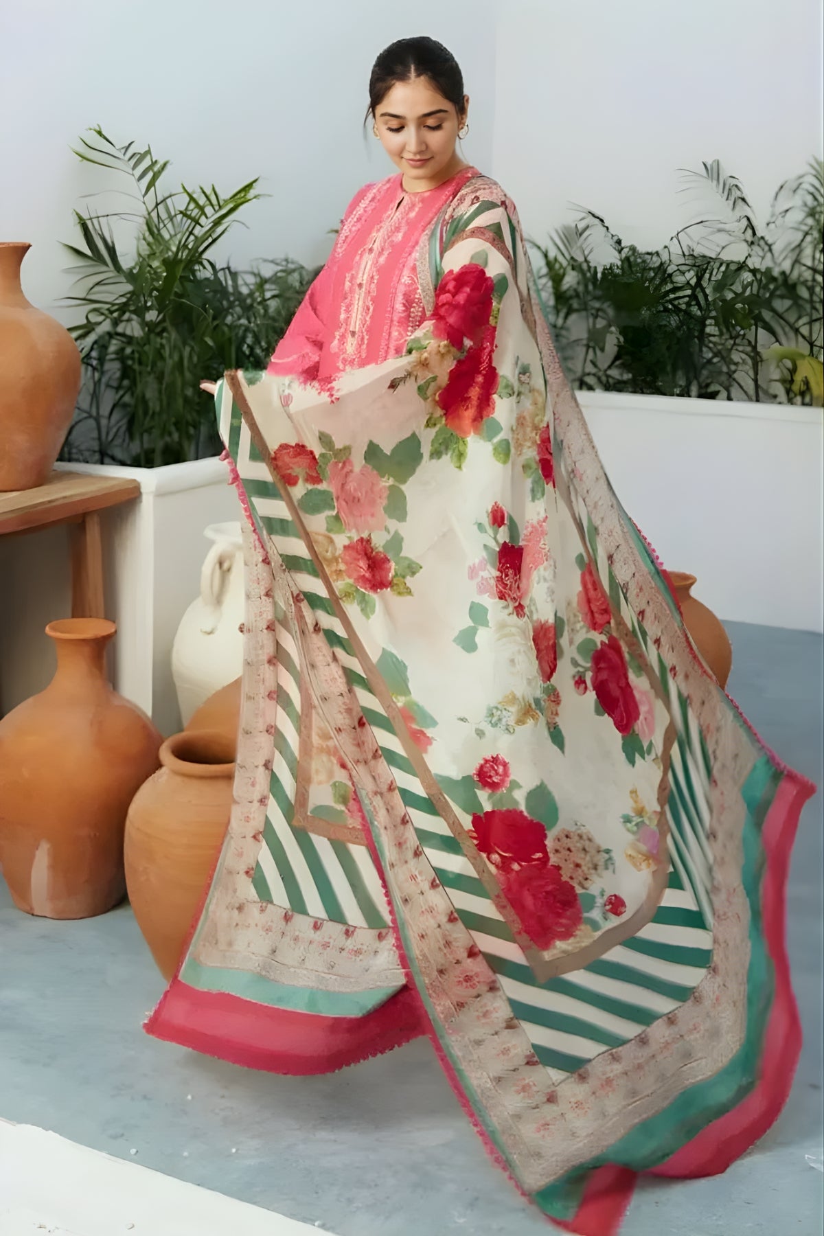 Zara Shah Jahan - 3PC Unstitched Lawn Embroidered Shirt Front and Back with Digital Printed Silk Dupatta and Embroidered Trousers