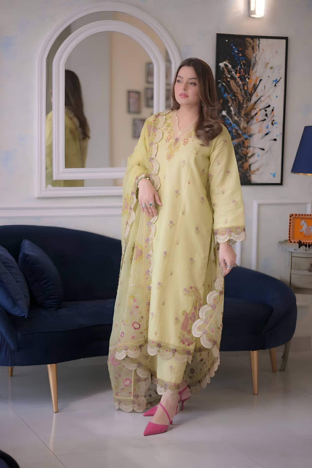 Aneelas - 3PC Unstitched Lawn Embroidered Shirt with Cotton Net Embroidered Dupatta and Trouser