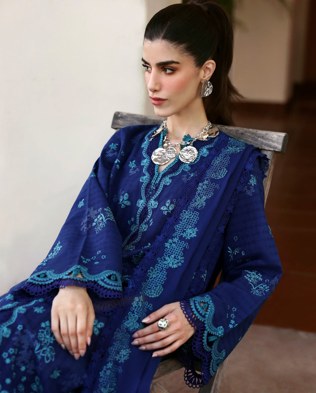 Republic Womenswear Luxury Lawn Embroidered 3 Pc Unstitched Suit NAVY BLUE