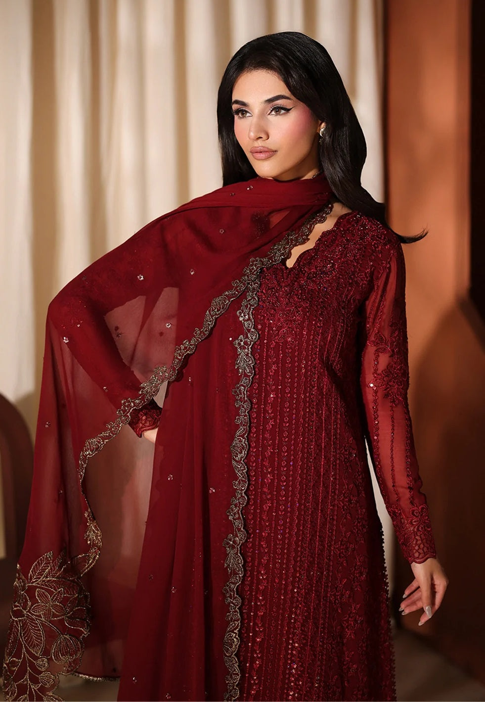 Azure Luxury Chiffon Embroidered 3Pc Unstitched Suit - Cherry Blossom