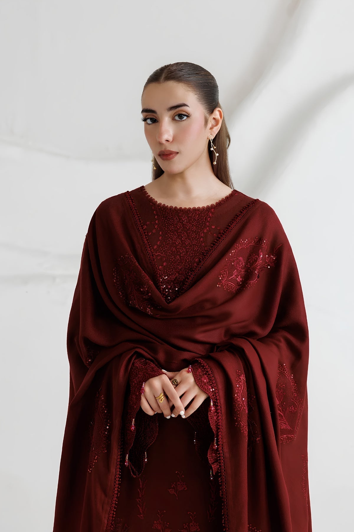 Daria - 3PC Unstitched Dhanak Embroidered Shirt with Dhanak Embroidered Dupatta and Trouser