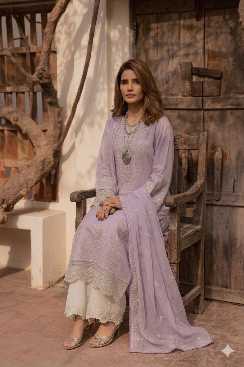 Batik - Luxurious Lawn Embrodiered 3 Piece Unstitched - Lilac