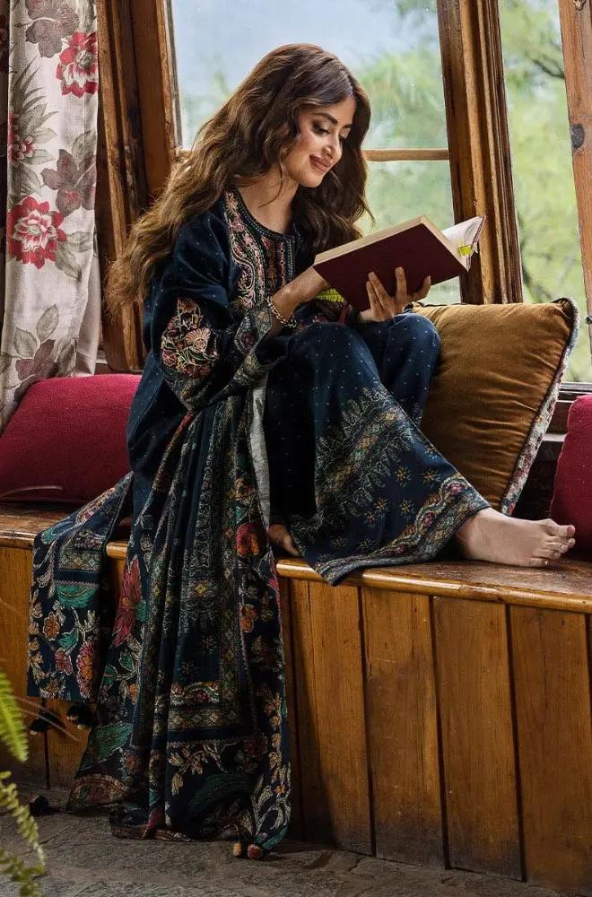 Sapphire - 3PC Unstitched Khaddar Printed and Embroidered Front with Printed Shawl and Printed Trouser
