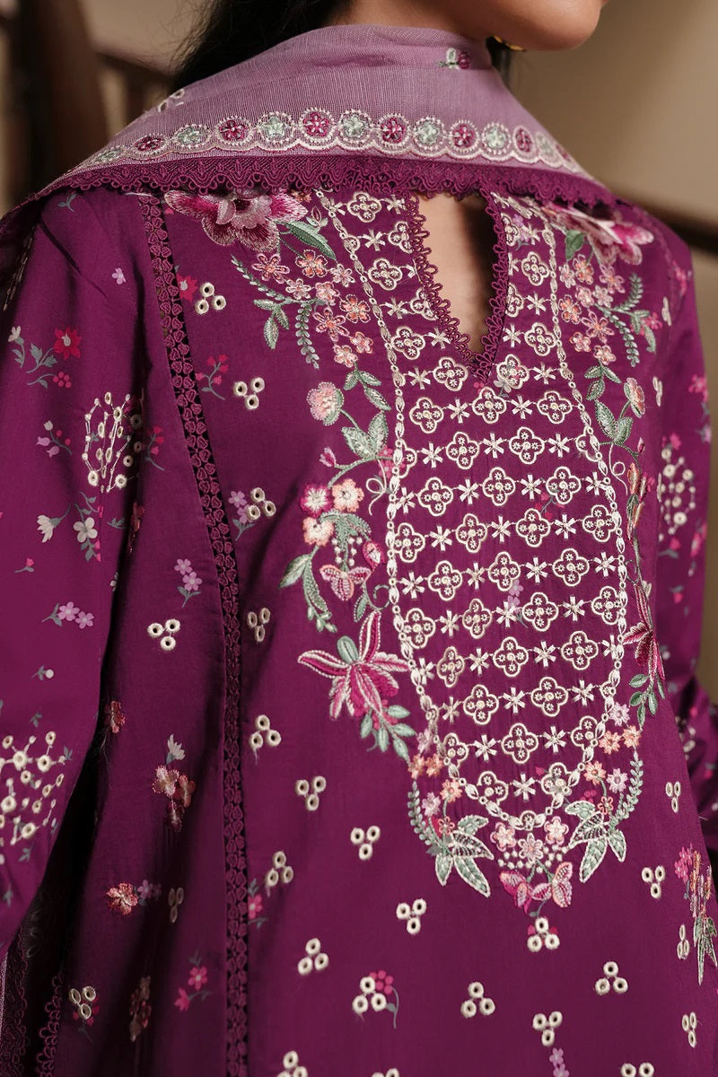 Afrozeh Luxury Lawn Embroidered Unstitched 3pc Suit - Lilac