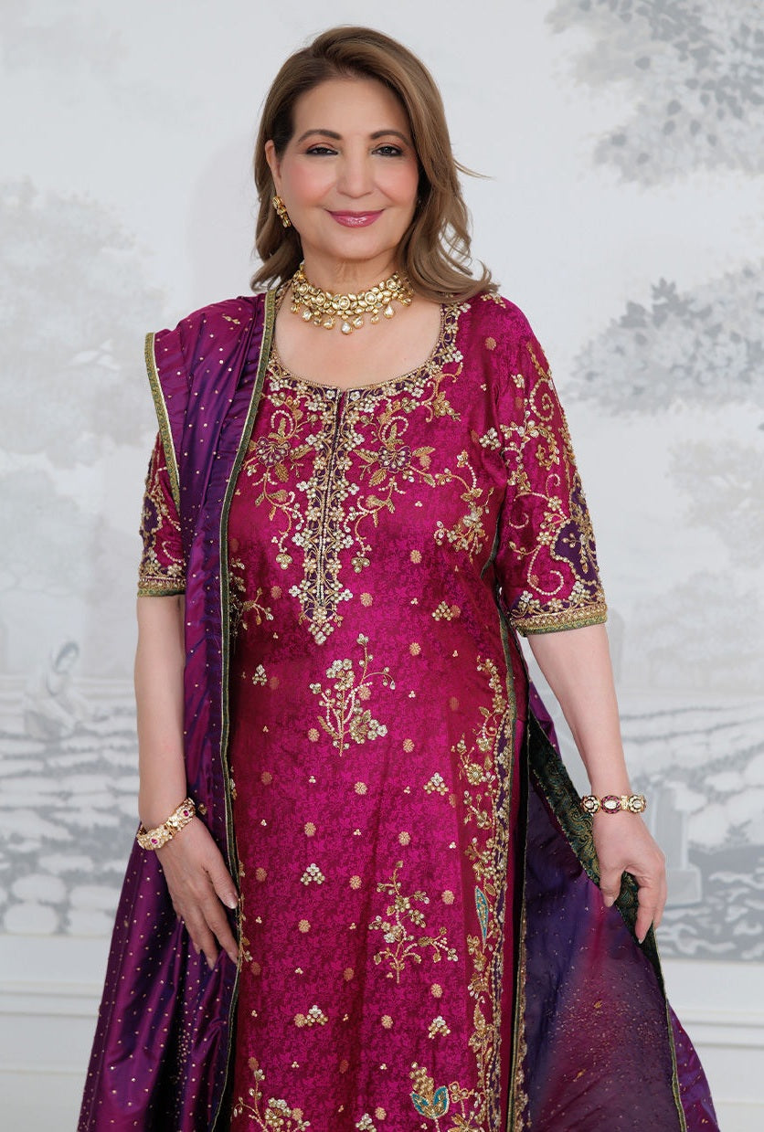 Farha Talib Aziz - Luxury Raw Silk 3 Piece Unstitched Bita Magenta Kurta