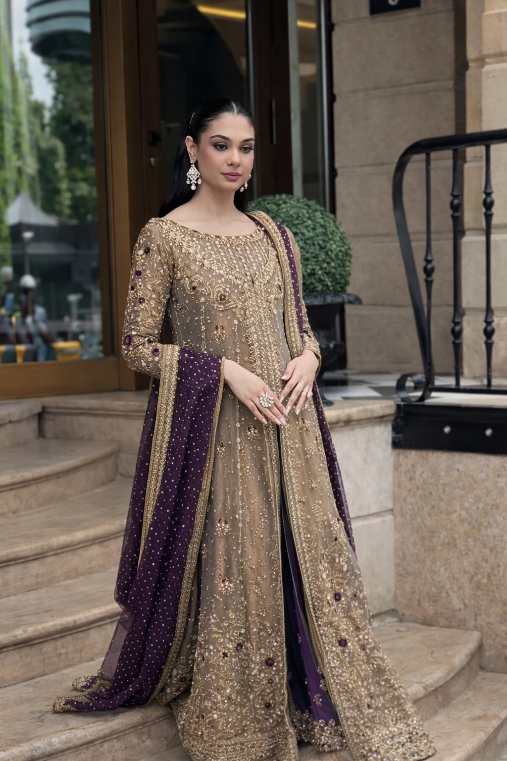 Haris Shakeel Luxury Formals Hand Embellished Addawork Wedding Collection - Tobbaco & Purple