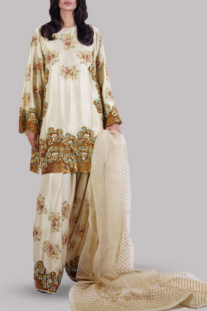 Muse Lambs Crème Embellished Raw Silk Addawork Hand Embellished Wedding Collection - Beige