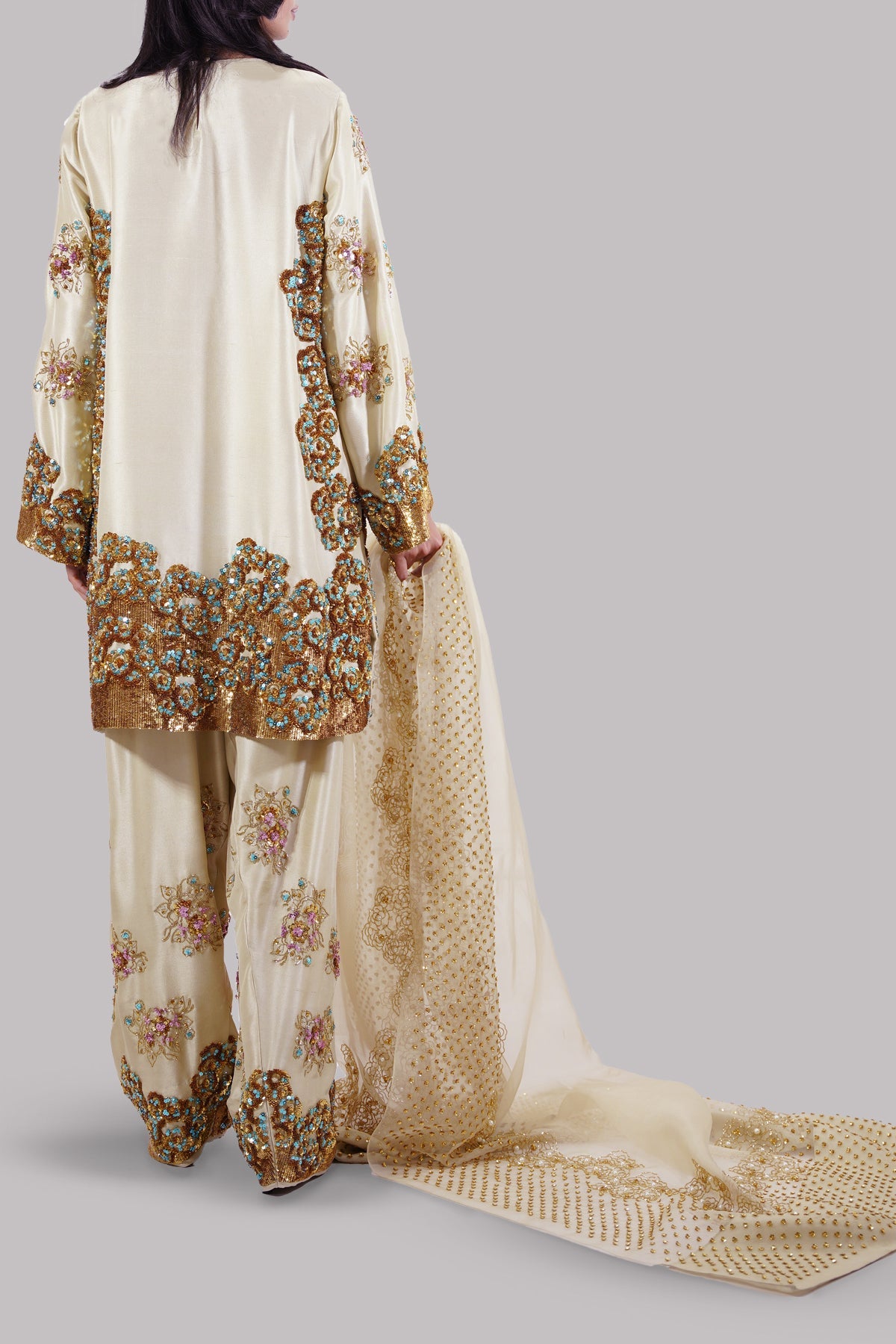 Muse Lambs Crème Embellished Raw Silk Addawork Hand Embellished Wedding Collection - Beige