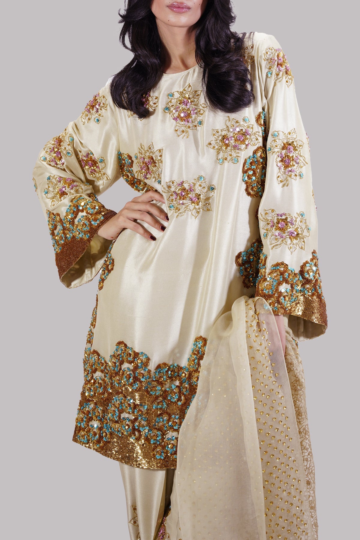 Muse Lambs Crème Embellished Raw Silk Addawork Hand Embellished Wedding Collection - Beige