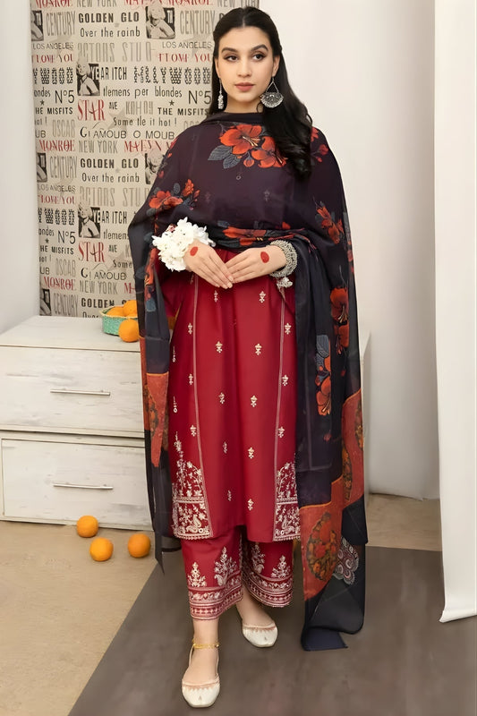 Urge - 3PC Unstitched Embroidered Shirt with Digital Printed Dupatta and Embroidered Trousers