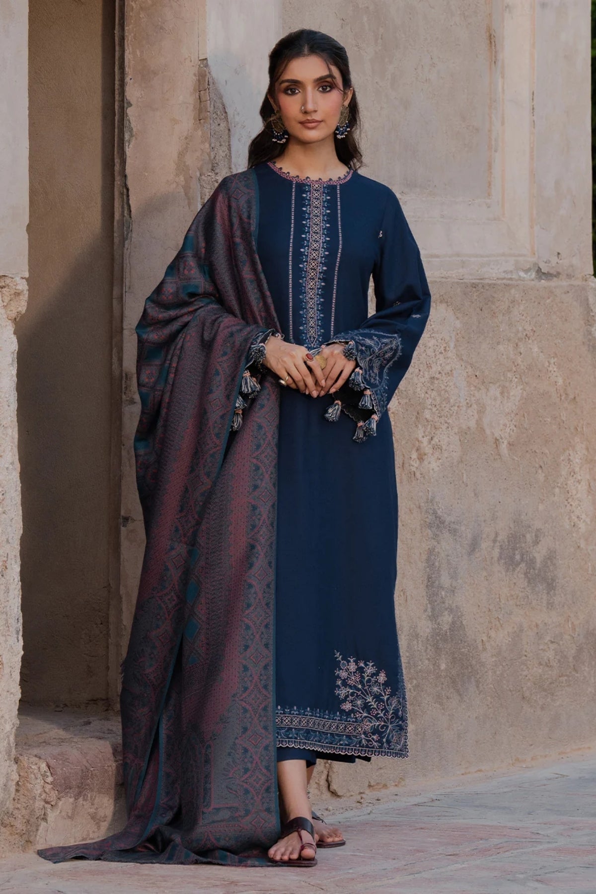 Izel - 3PC Unstitched Dhanak Embroidered Shirt with Digital Printed Twill Pashmina Dupatta and Trouser