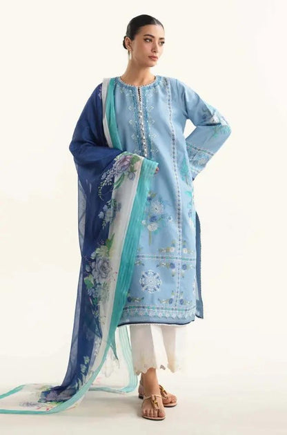 Zara Shah Jahan - 3PC Unstiched Lawn Embroidered Shirt with Slub Net Dupatta