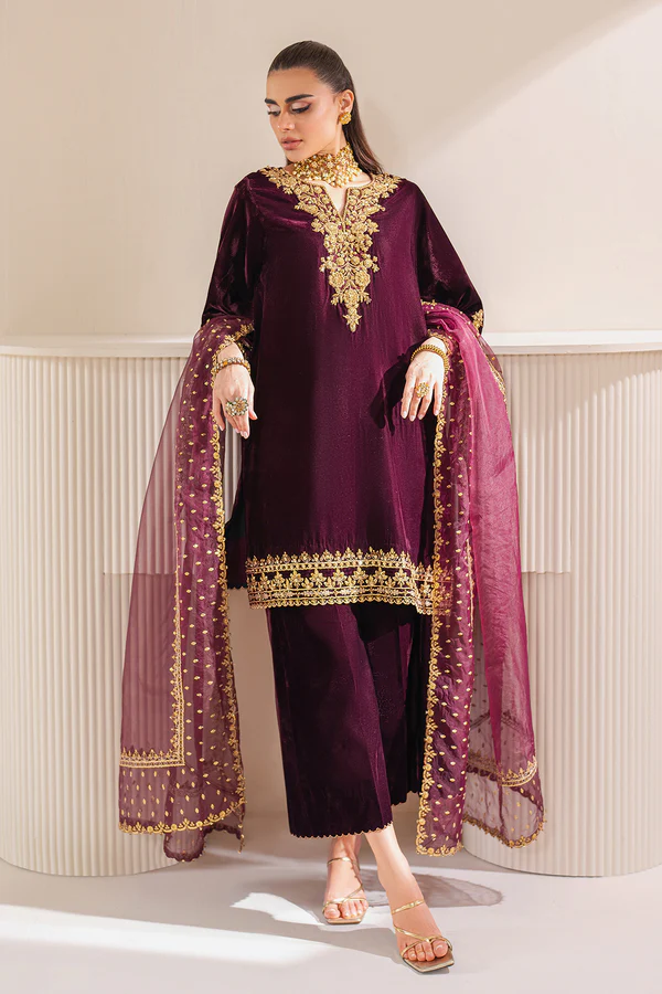 Baroque Formals Luxury Velvet Embroidered Unstitched Collection Maroon