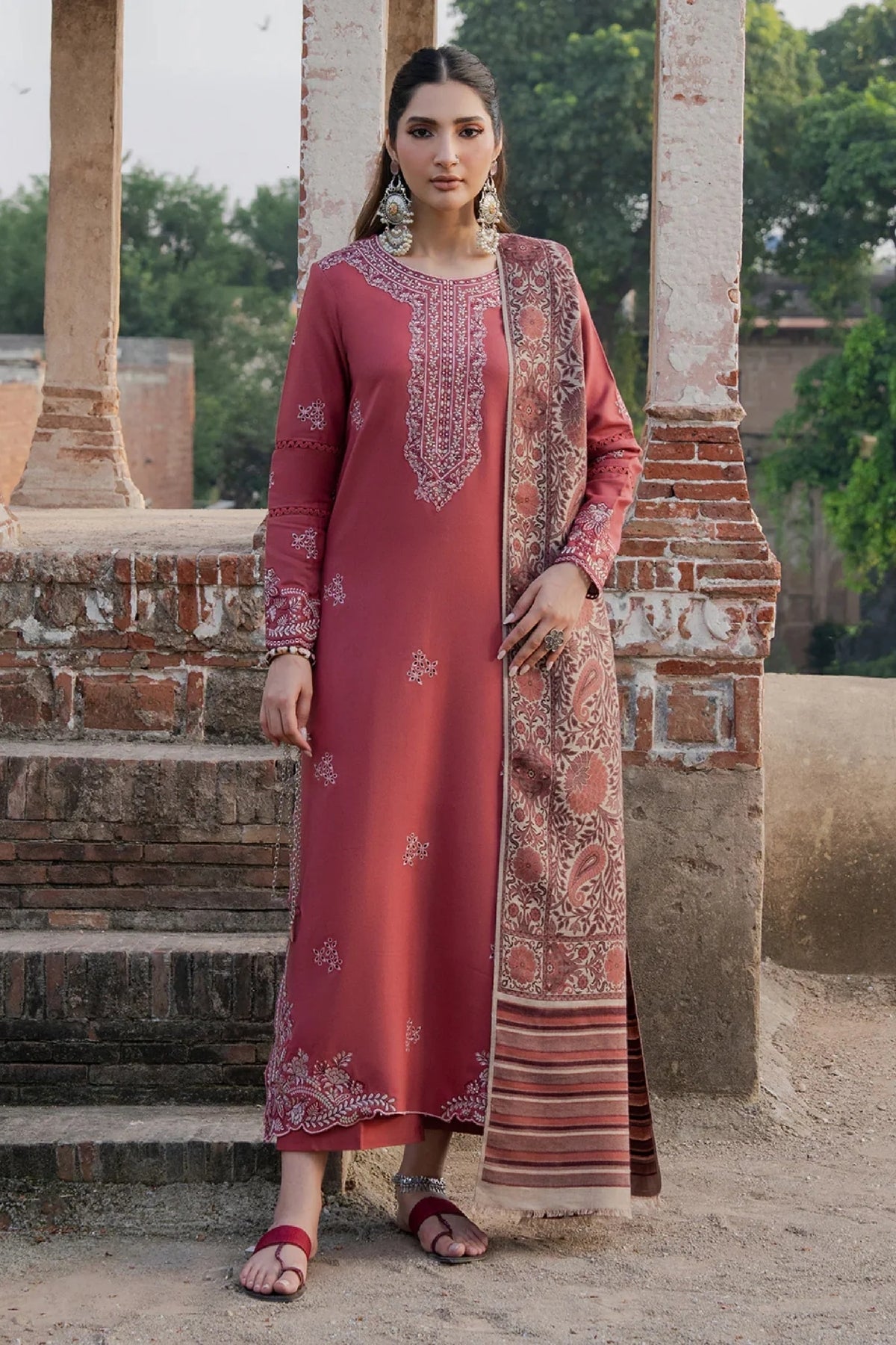 Izel - 3PC Unstitched Dhanak Embroidered Shirt with Digital Printed Twill Pashmina Dupatta and Trouser