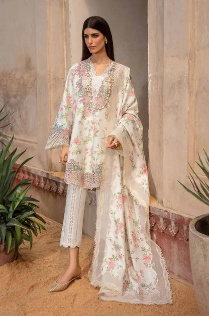 Crimson - 3PC Unstitched Lawn Printed + Embroidered Shirt with Printed Silk Dupatta and Embroidered Trouser