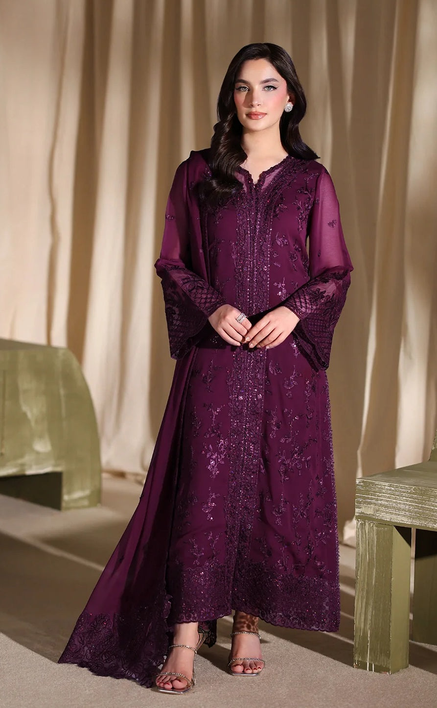 Azure Luxury Embroidered Chiffon Unstitched 3Pc Suit Garnelle