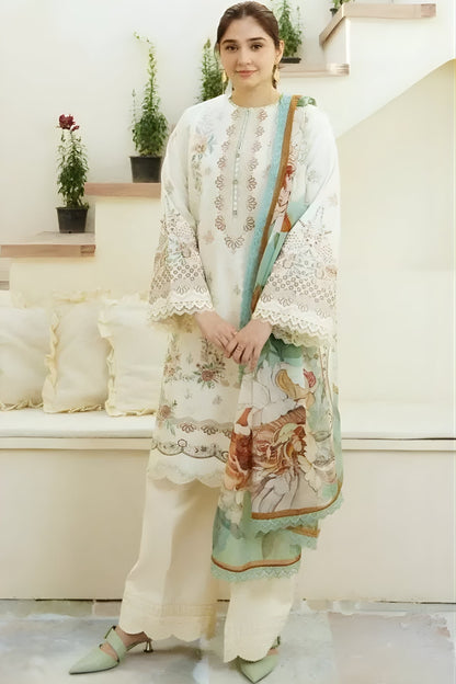 Zara Shah Jahan - 3PC Unstitched Lawn Embroidered Shirt with Digital Printed Silk Dupatta and Embroidery Trousers