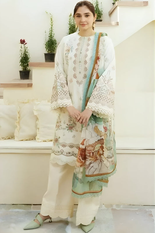 Zara Shah Jahan - 3PC Unstitched Lawn Embroidered Shirt with Digital Printed Silk Dupatta and Embroidery Trousers