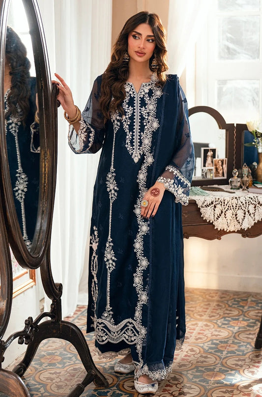 Azure Stellar Blue Luxury Chiffon Embroidered 3Pc Unstitched Suit