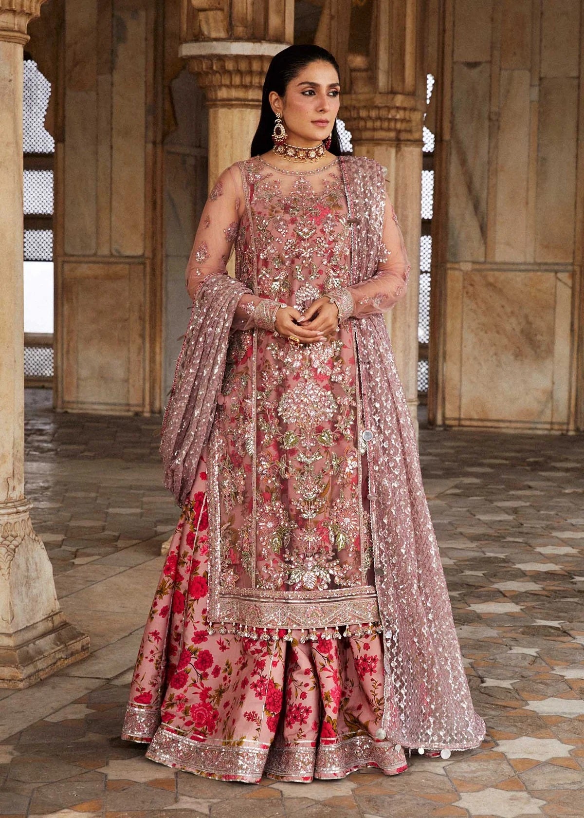 Hussain Rehar Sham Luxury Net Embroidered 3Pc Unstitched Suit Dusty Pink