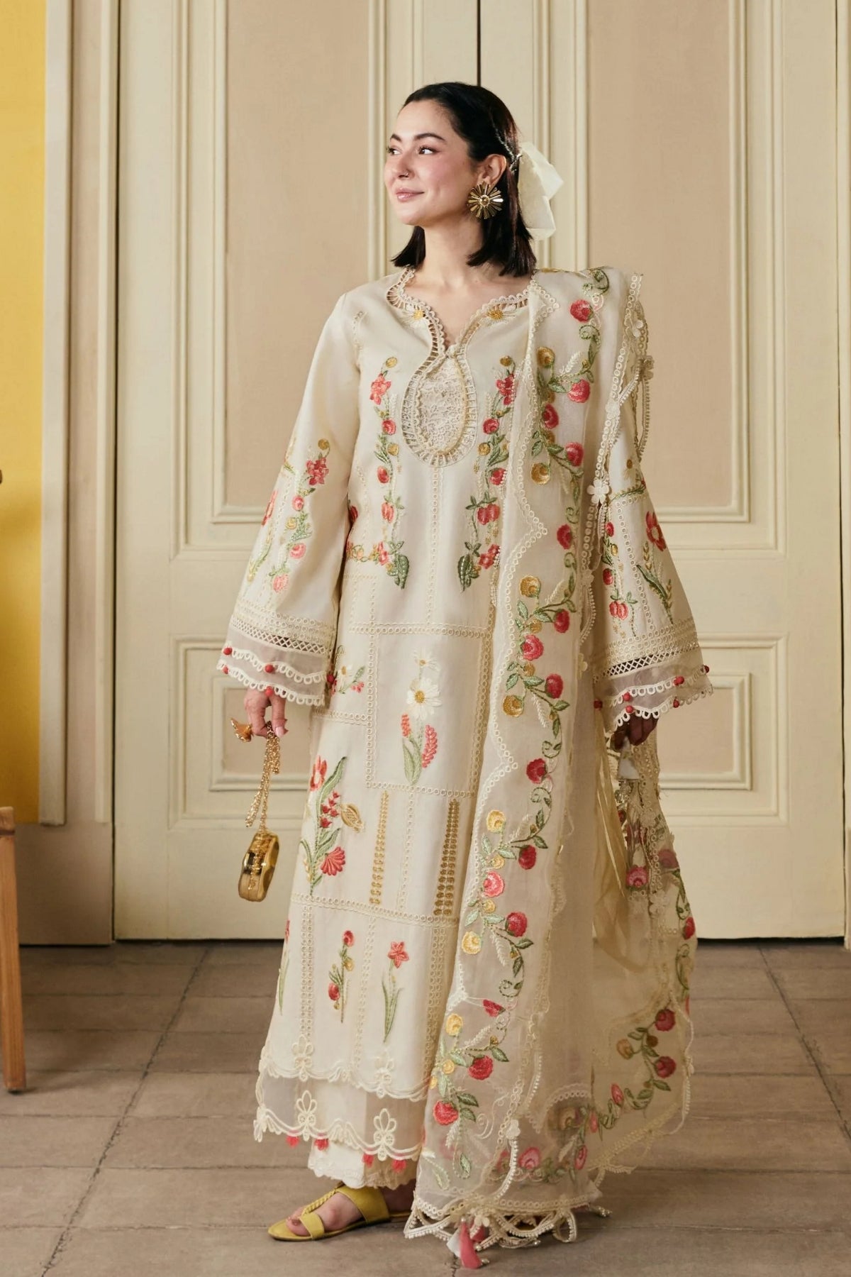 Maryam Hussain - 3PC Unstitched Lawn Embroidered Shirt with Cotton Net Embroidered Dupatta and Trouser