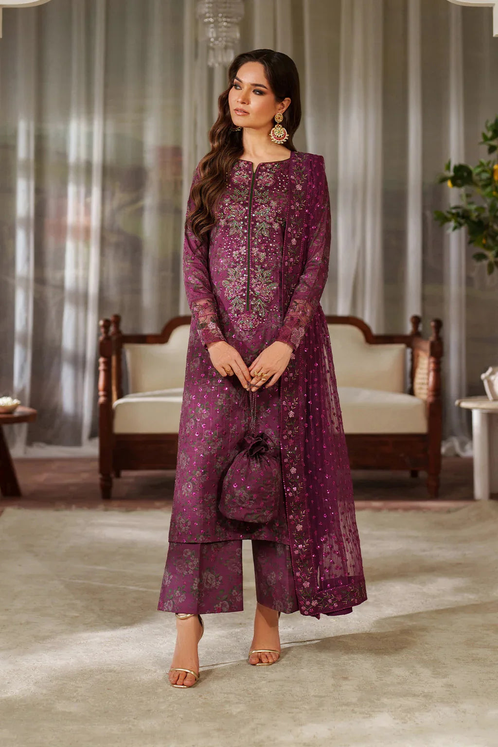 Iznik Luxury Printed & Embroidered Unstitched Lawn Suit Magenta