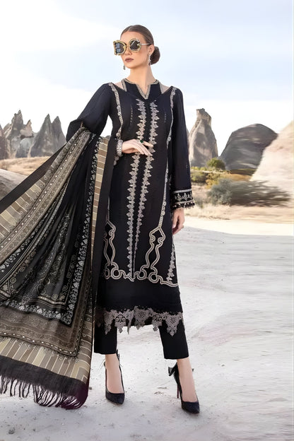 Maria B - 3PC Unstitched Dhanak Embroidered Shirt with Digital Printed Dupatta and Trouser