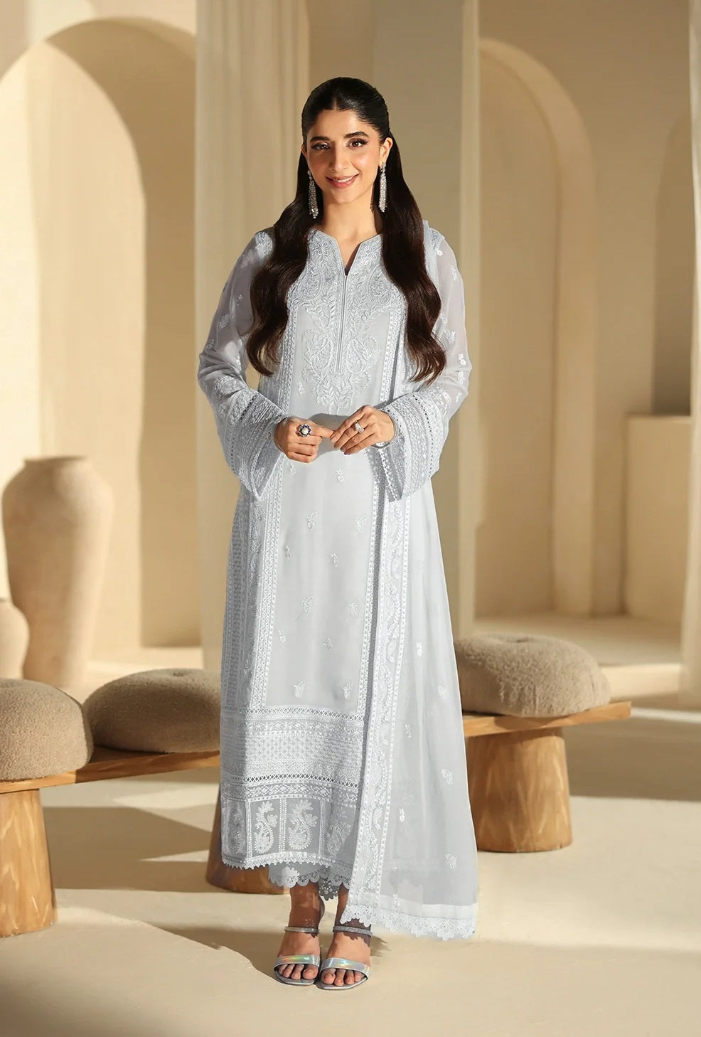 Azure Luxury Embroidered Chiffon 3Pc Unstitched Suit - Ice Serenity