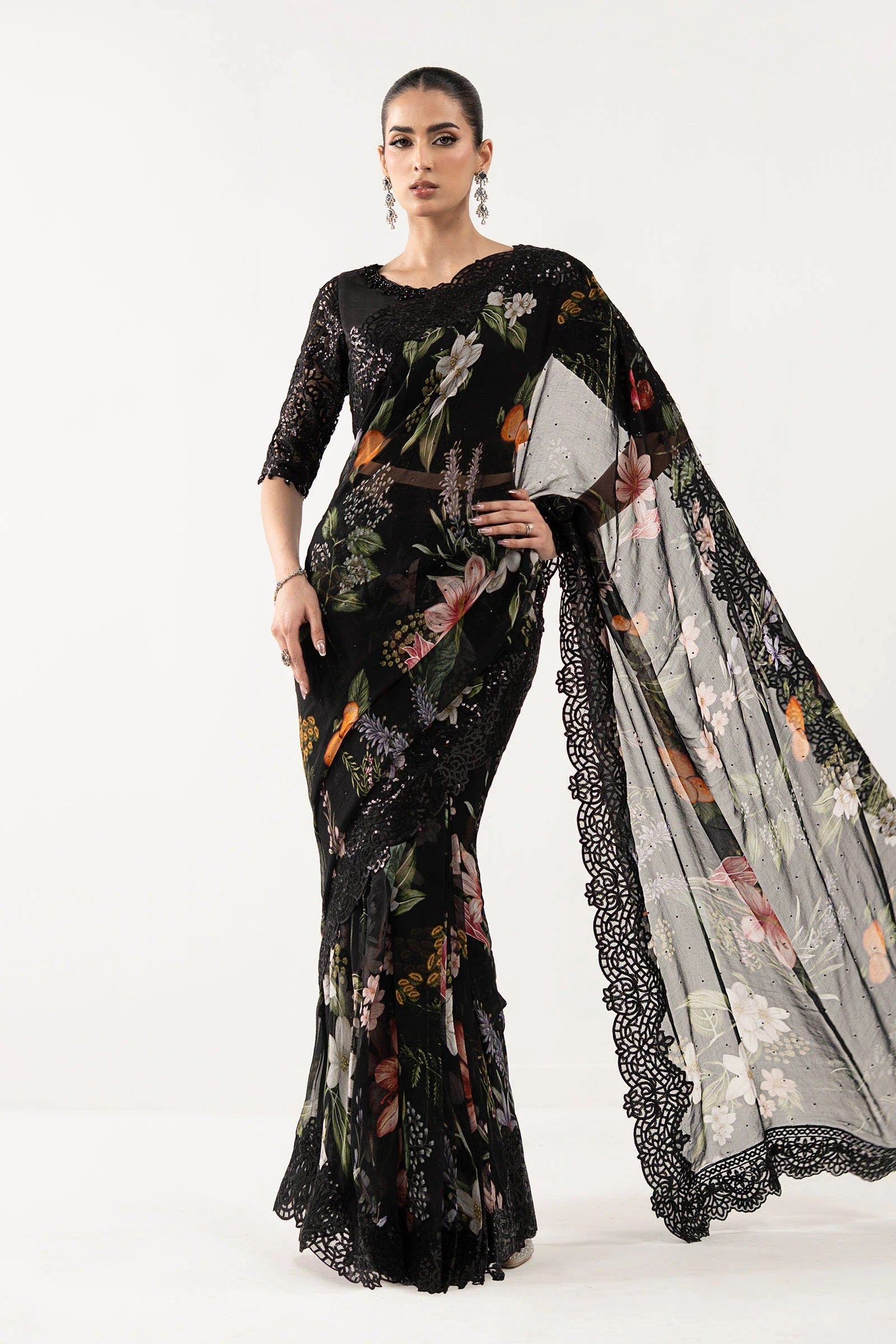Maria B Luxury Chiffon Embroidered 3Pc Unstitched Suit SF - Black