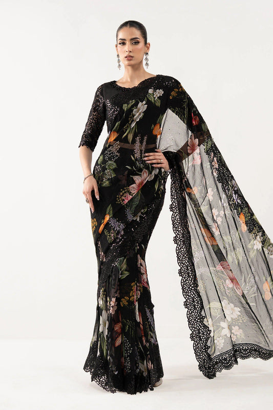 Maria B Luxury Chiffon Embroidered 3Pc Unstitched Suit SF - Black