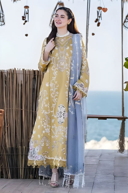 3PC Unstitched Lawn Chicken Kari Embroidered Shirt with Printed Slub Net Dupatta with Embroidered Patch