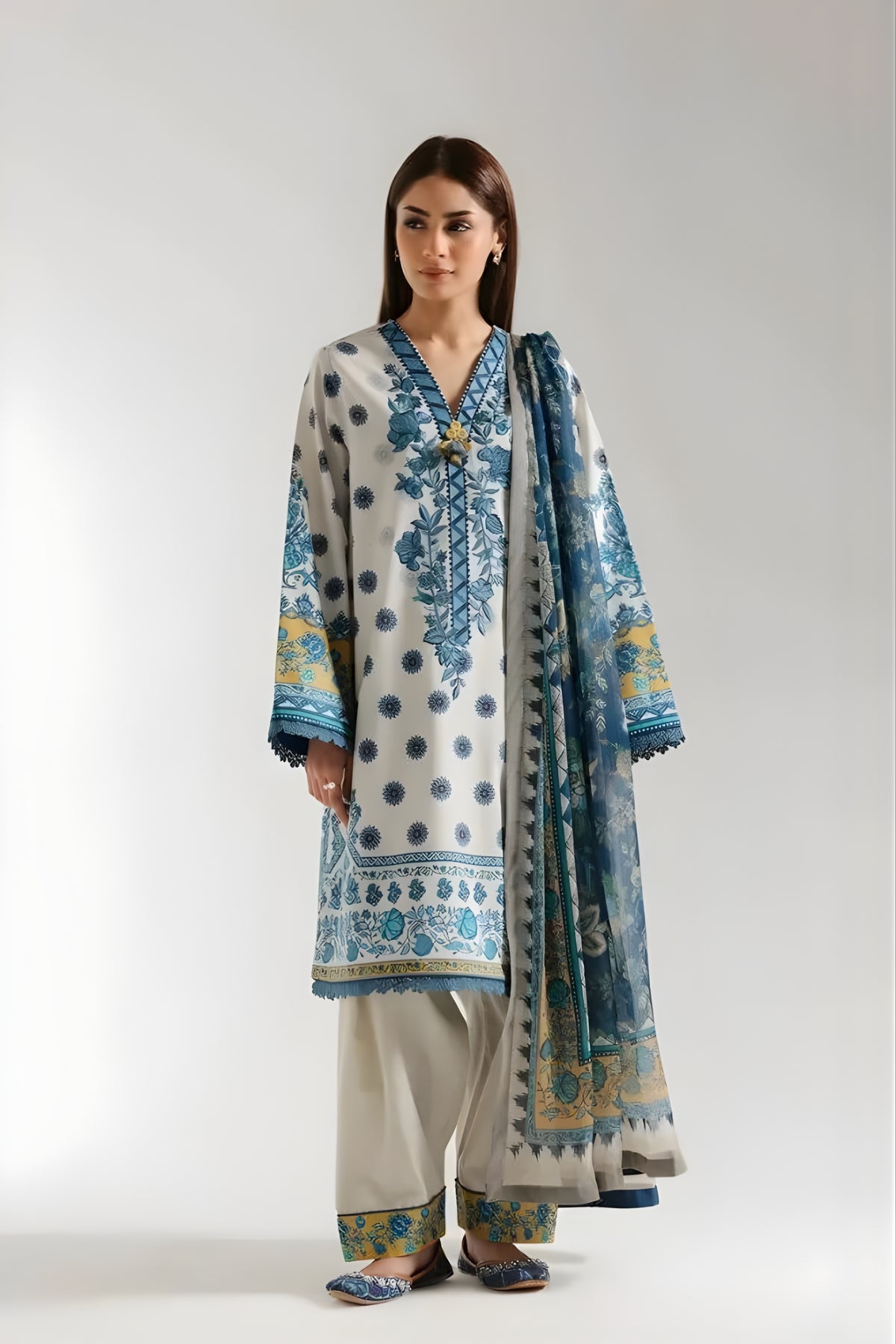 Ethnc - 3PC Banadora Lawn Printed Shirt with Printed Voil Dupatta (Unstitched)