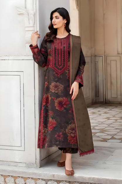Baroque - 3PC Unstitched Printed Khaddar Shirt with Printed Khaddar Dupatta and Trouser