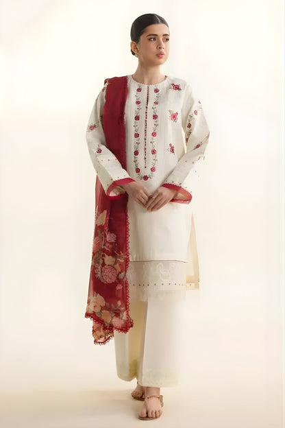 Zara Shah Jahan - 3PC unstiched Lawn Embroidered Shirt With Printed Slub net Dupatta and Plan Trouser