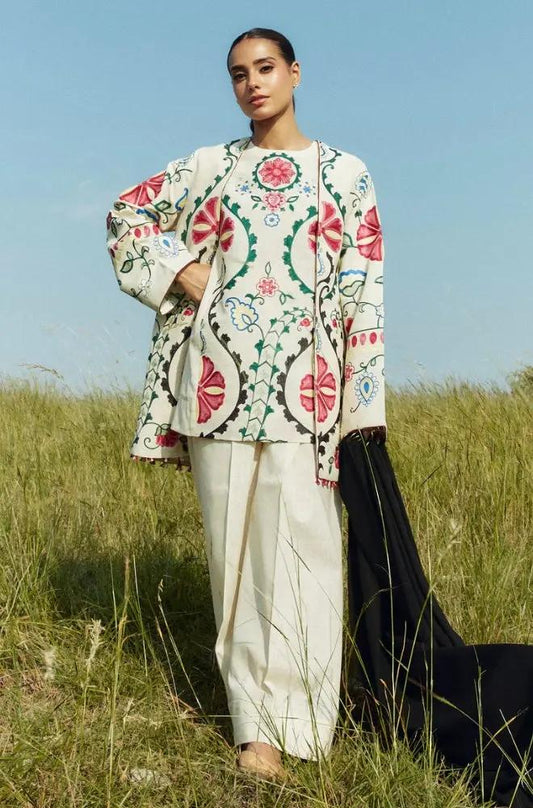 Zara Shah Jahan - 3PC Unstitched Dhanak Embroidered Shirt and Trouser with Printed Shawl