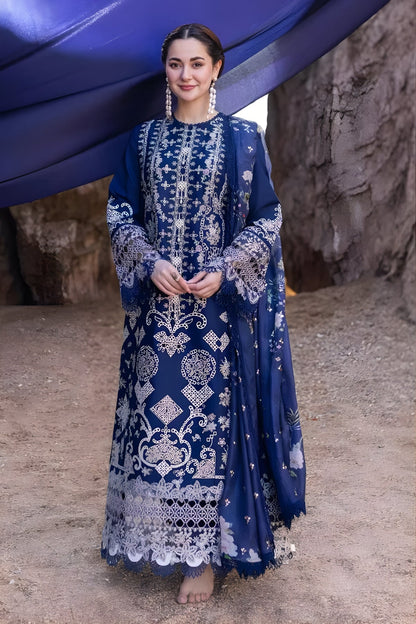 Qalamkar 3PC Unstitched Lawn Heavy Embroidered Shirt with Printed Monar Dupatta and Trouser