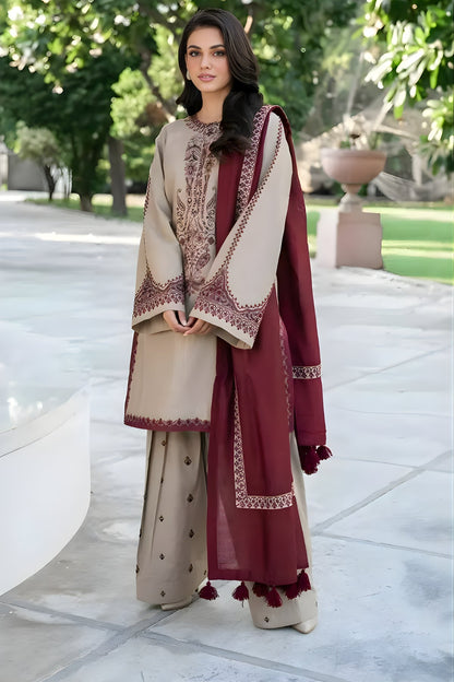 Baroque - 3PC Unstitched Dhanak Embroidered Shirt with Embroidered Dhanak Dupatta and Trouser