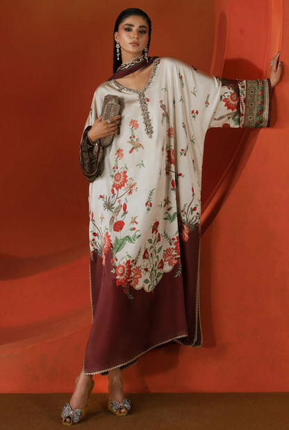Maria.B 03R1 - Beige and Maroon Luxury Silk Embroidered 3Pc Unstitched Kaftan Suit