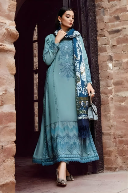 Maria B - 3PC Unstitched Dhanak Embroidered Shirt with Digital Printed Dupatta and Trouser