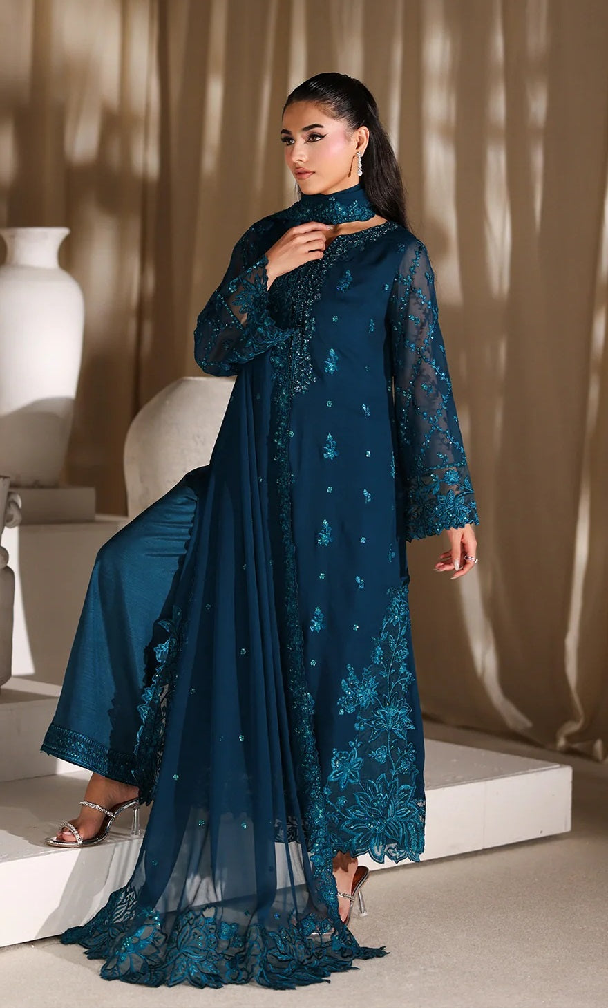 Azure Luxury Chiffon Embroidered 3Pc Unstitched Suit - Majestic Teal
