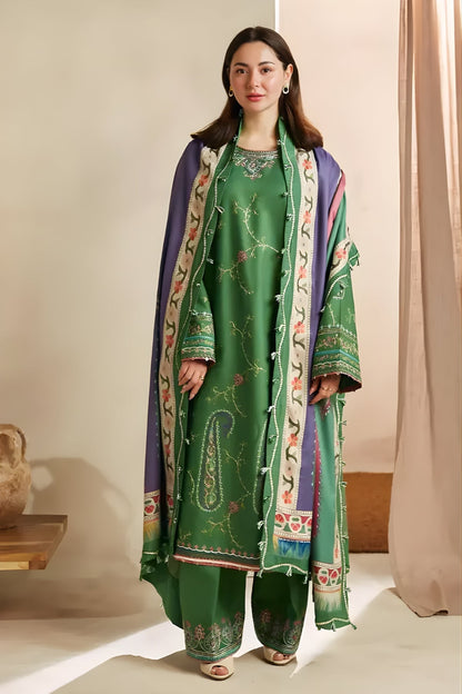 Zara Shah Jahan - 3PC Unstitched Dhanak Embroidered Shirt with Digital Printed Dupatta and Embroidered Trouser