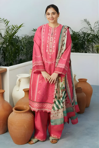 Zara Shah Jahan - 3PC Unstitched Lawn Embroidered Shirt Front and Back with Digital Printed Silk Dupatta and Embroidered Trousers