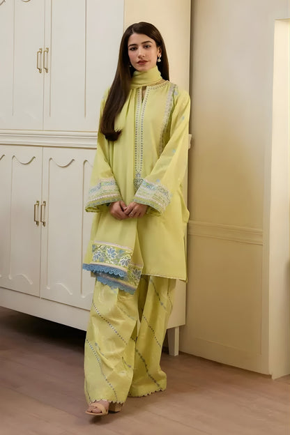 Zara Shah Jahan - 3PC Lawn Embroidered Shirt with Embroidered Khaddi Net Dupatta (Unstitched)