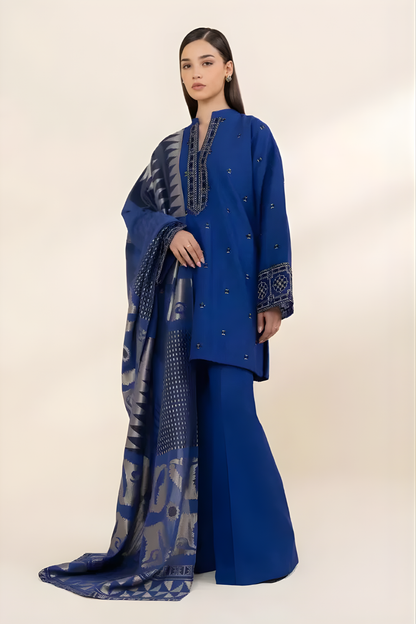 Sapphire - 3PC Unstitched Khaddar Embroidered Front with Digital Printed Dupatta and Trouser