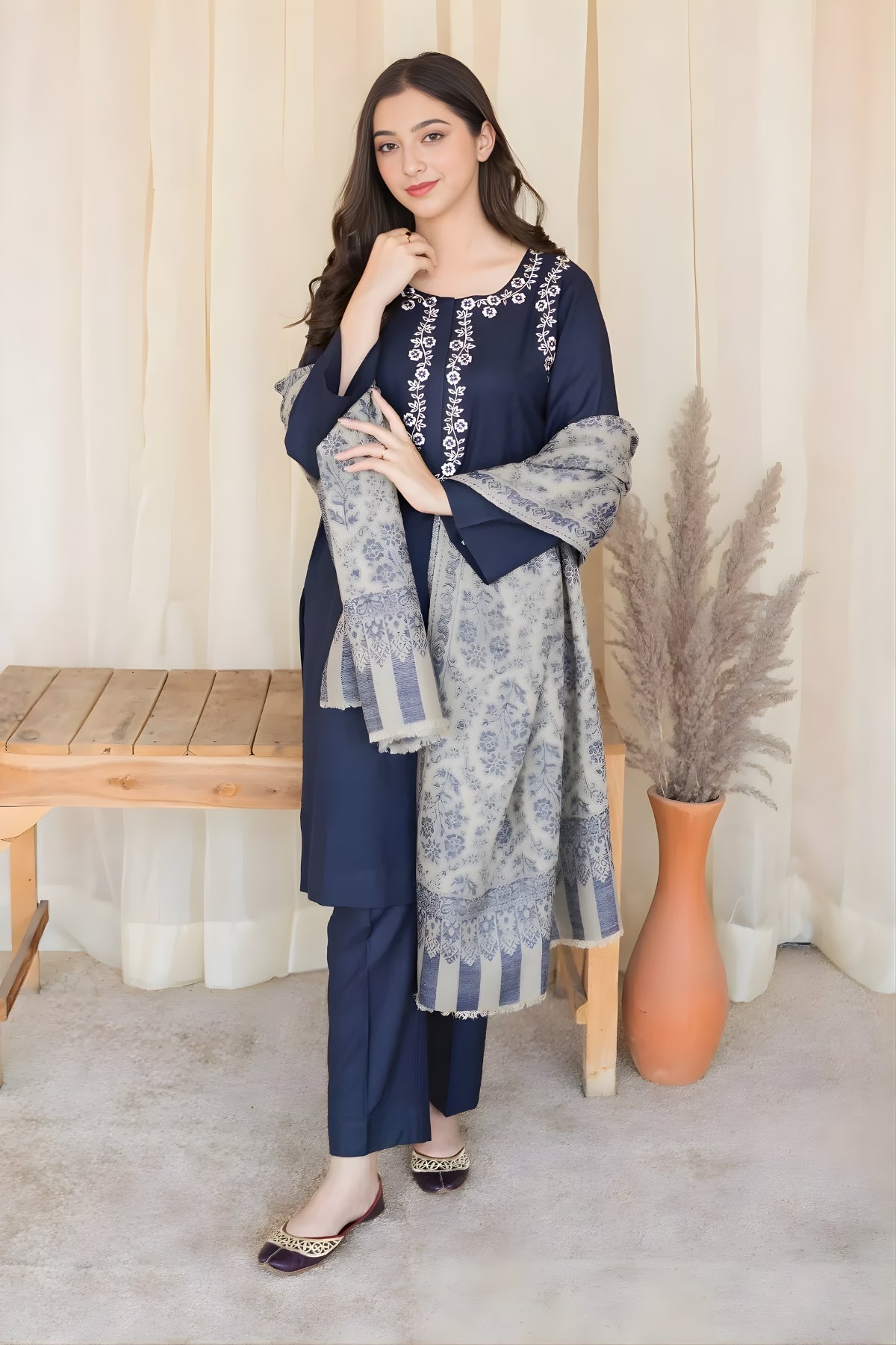 Aisling - 3PC Unstitched Dhanak Embroidered Shirt with Printed Dupatta and Trouser