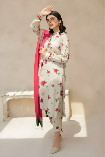 Baroque - 3PC Unstitched Printed Karandi Shirt with Printed Karandi Dupatta and Trouser