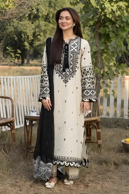 Allys - 3PC Lawn Embroidered Shirt with Embroidered Chiffon Dupatta (Unstitched)